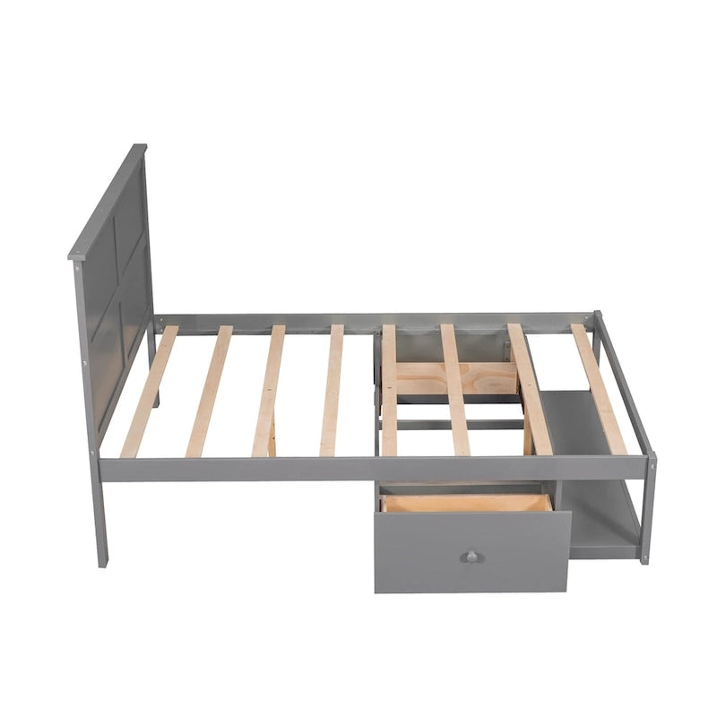 White/Gray Full Platform Bed with Headboard, 2 Drawers & Shelf, for 1