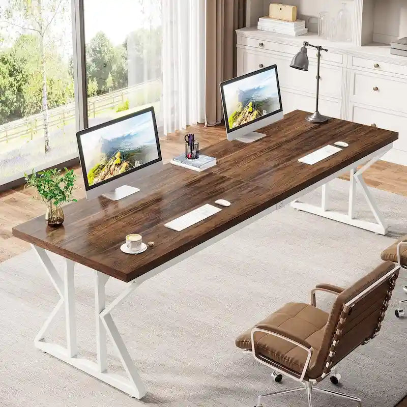 Brown/White & Black 2-Person Computer Desk, Modern Style