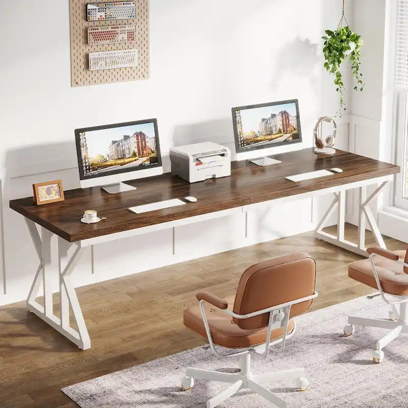 Brown/White & Black 2-Person Computer Desk, Modern Style