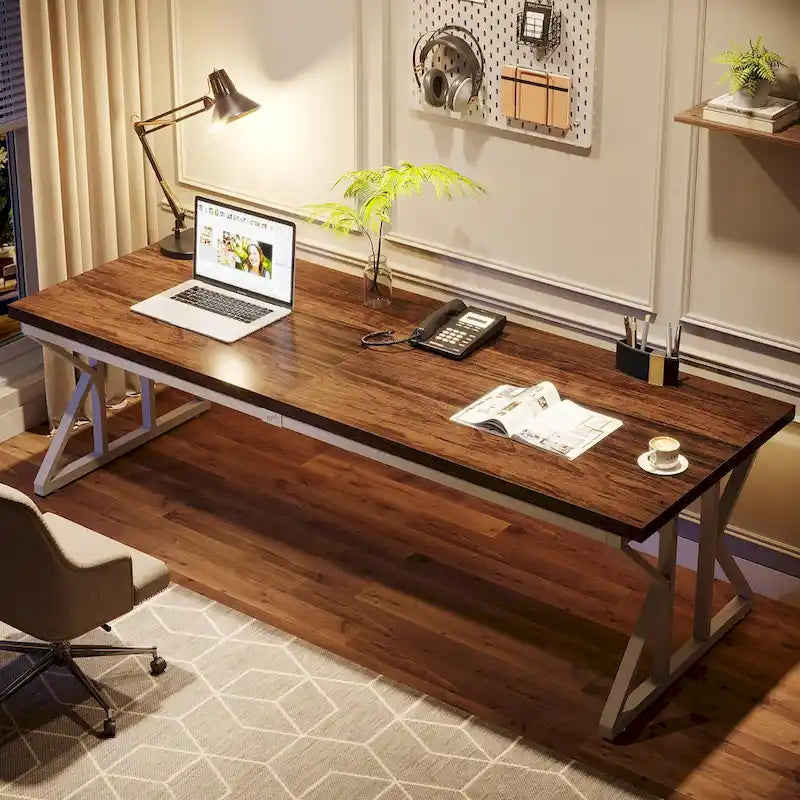 Brown/White & Black 2-Person Computer Desk, Modern Style