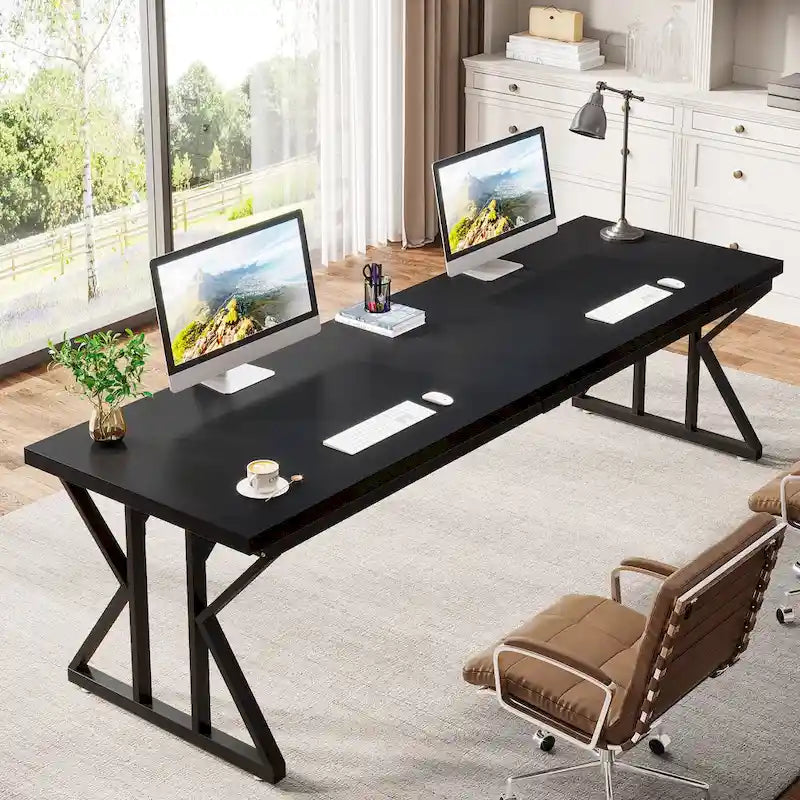 Brown/White & Black 2-Person Computer Desk, Modern Style