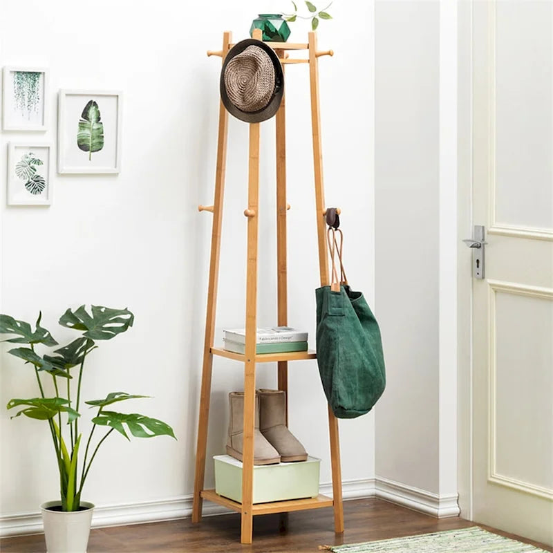 Yellow Bamboo 8-Hook 3-Shelf Freestanding Coat Rack
