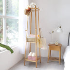 Yellow Bamboo 8-Hook 3-Shelf Freestanding Coat Rack