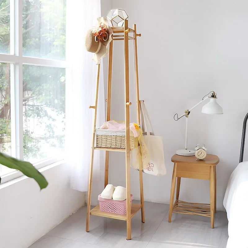 Yellow Bamboo 8-Hook 3-Shelf Freestanding Coat Rack