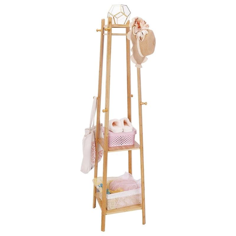Yellow Bamboo 8-Hook 3-Shelf Freestanding Coat Rack