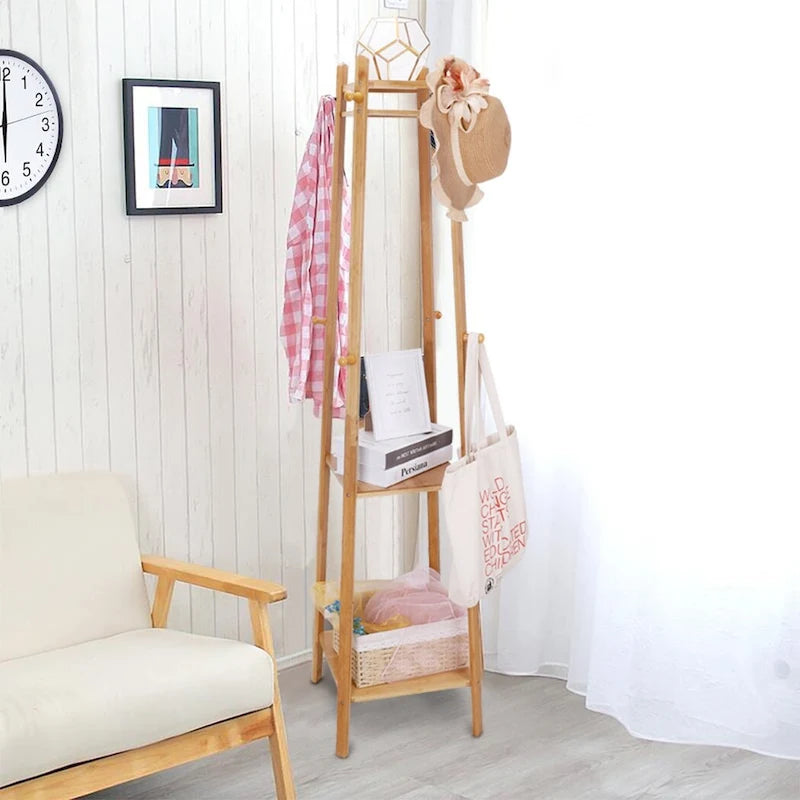 Yellow Bamboo 8-Hook 3-Shelf Freestanding Coat Rack
