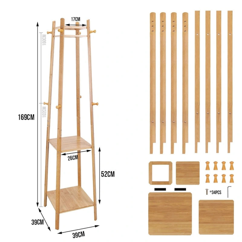Yellow Bamboo 8-Hook 3-Shelf Freestanding Coat Rack
