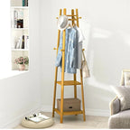 Yellow Bamboo 8-Hook 3-Shelf Freestanding Coat Rack