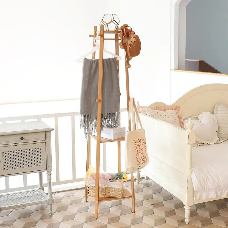 Yellow Bamboo 8-Hook 3-Shelf Freestanding Coat Rack