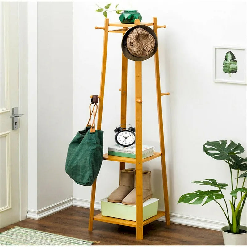 Yellow Bamboo 8-Hook 3-Shelf Freestanding Coat Rack