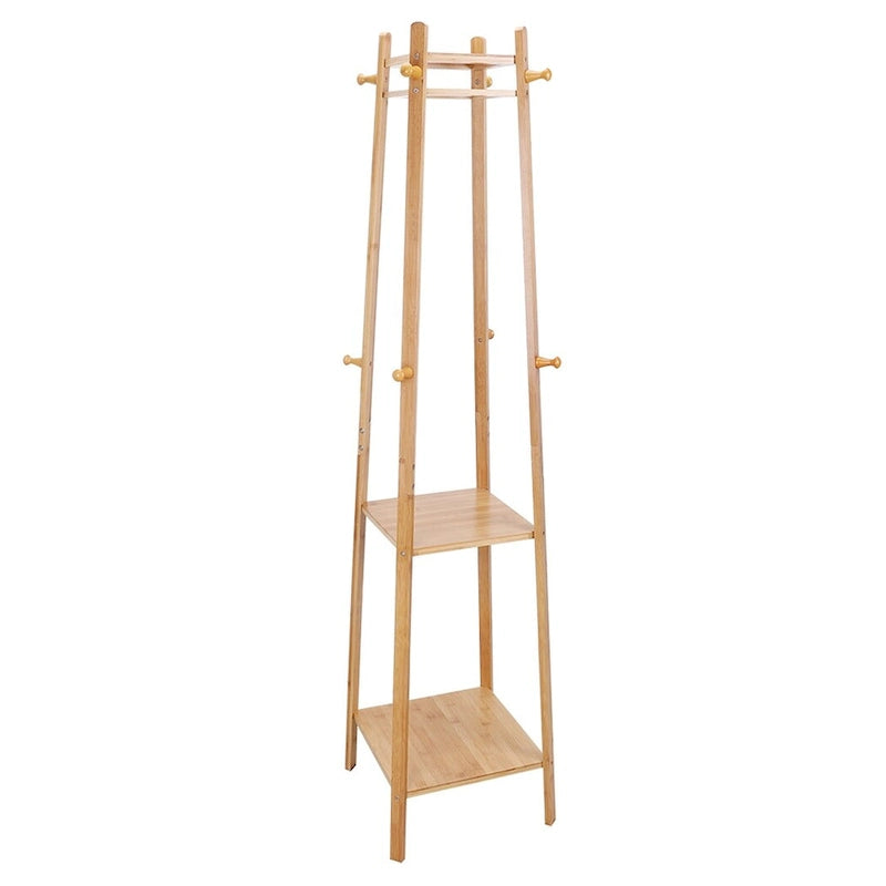 Yellow Bamboo 8-Hook 3-Shelf Freestanding Coat Rack