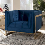 Gray / Navy Velvet Channel-Tufted Armchair, Gold-Tone Legs, 1-Seat
