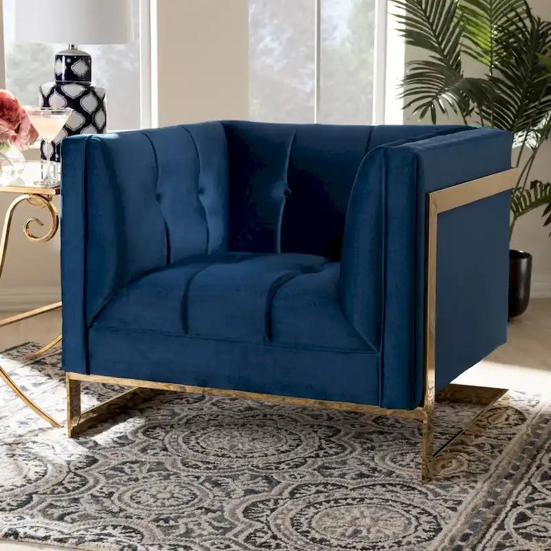 Gray / Navy Velvet Channel-Tufted Armchair, Gold-Tone Legs, 1-Seat