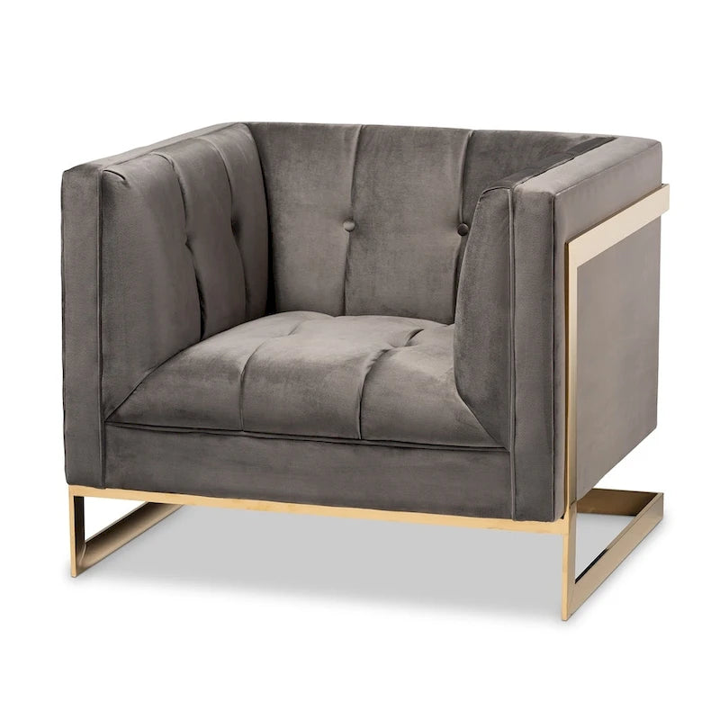 Gray / Navy Velvet Channel-Tufted Armchair, Gold-Tone Legs, 1-Seat