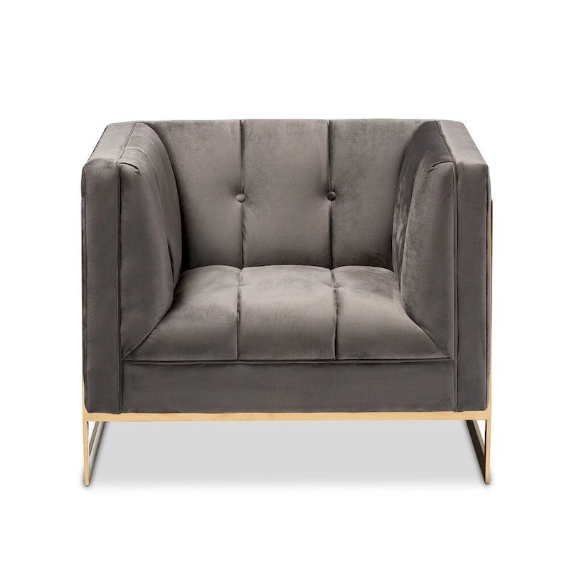 Gray / Navy Velvet Channel-Tufted Armchair, Gold-Tone Legs, 1-Seat