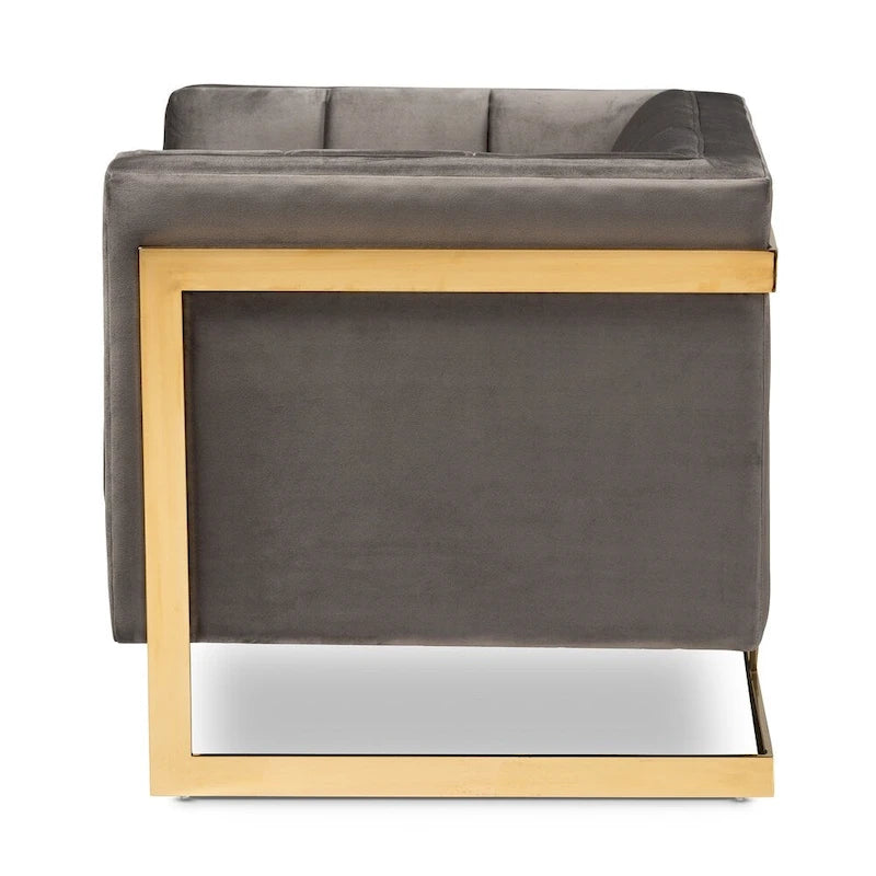 Gray / Navy Velvet Channel-Tufted Armchair, Gold-Tone Legs, 1-Seat