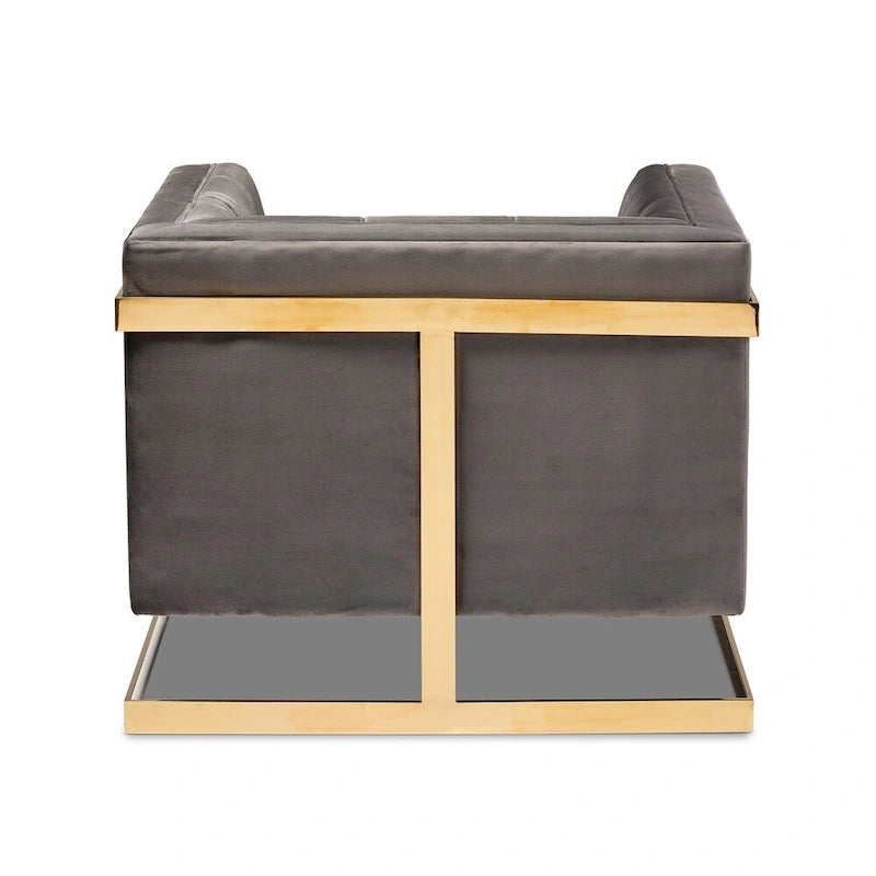 Gray / Navy Velvet Channel-Tufted Armchair, Gold-Tone Legs, 1-Seat