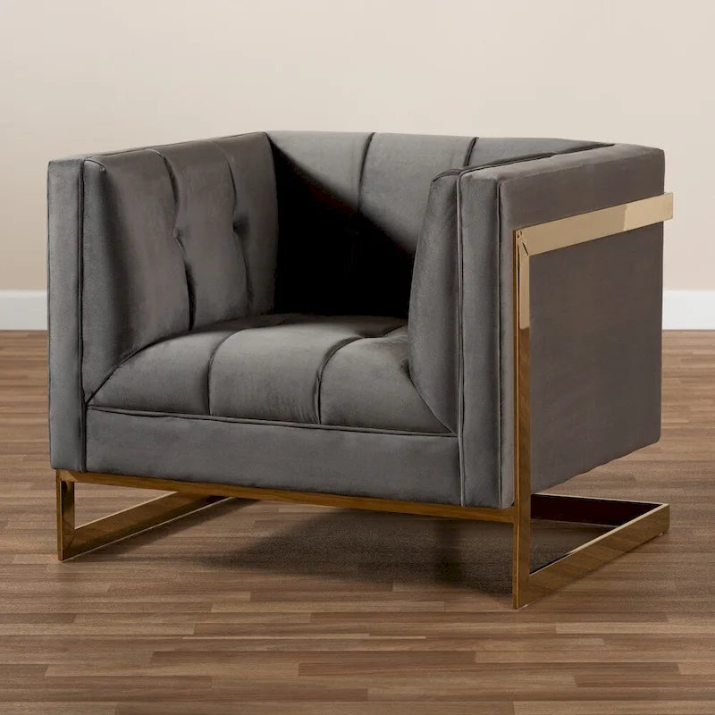 Gray / Navy Velvet Channel-Tufted Armchair, Gold-Tone Legs, 1-Seat