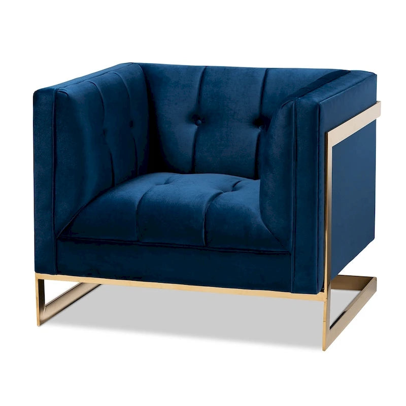 Gray / Navy Velvet Channel-Tufted Armchair, Gold-Tone Legs, 1-Seat