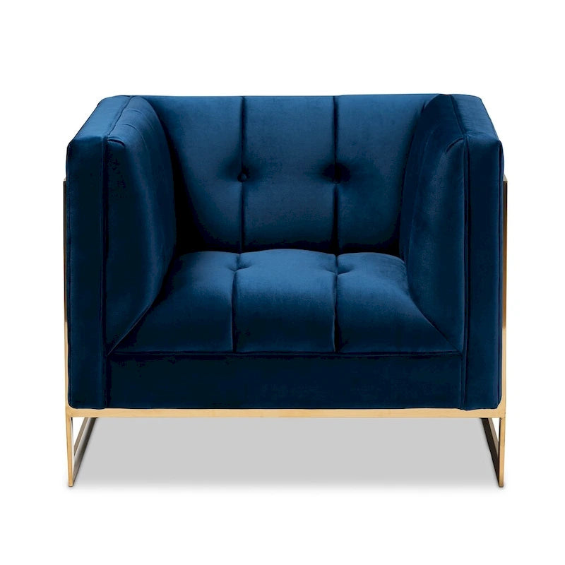 Gray / Navy Velvet Channel-Tufted Armchair, Gold-Tone Legs, 1-Seat