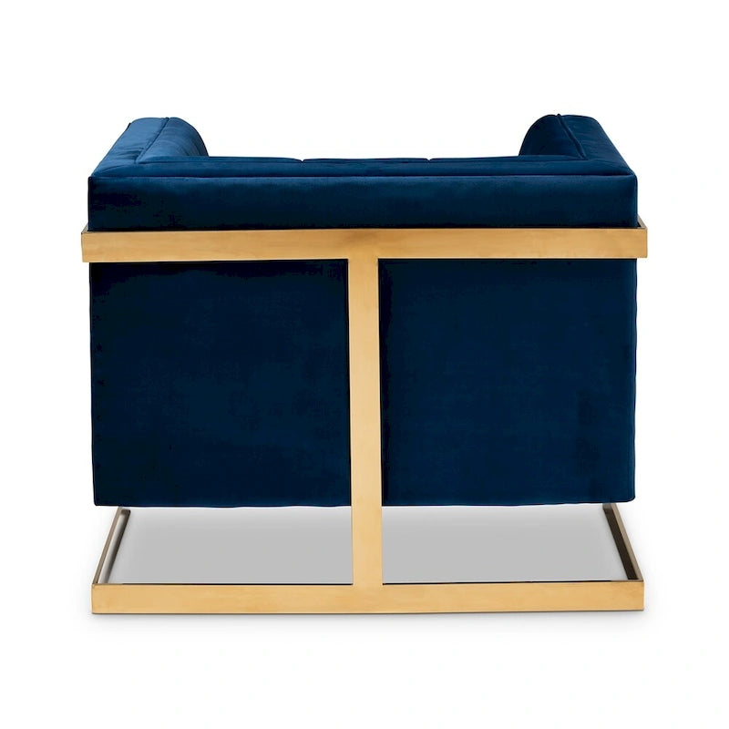 Gray / Navy Velvet Channel-Tufted Armchair, Gold-Tone Legs, 1-Seat