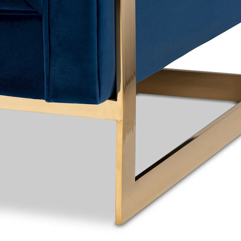 Gray / Navy Velvet Channel-Tufted Armchair, Gold-Tone Legs, 1-Seat