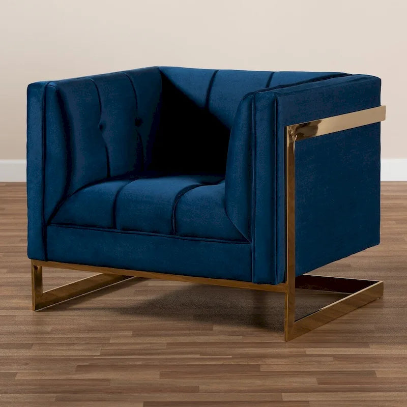 Gray / Navy Velvet Channel-Tufted Armchair, Gold-Tone Legs, 1-Seat