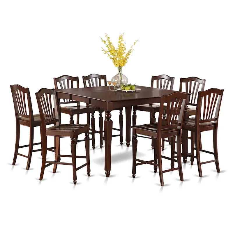Mahogany 9-Piece Counter Height Dining Set for 8, Slatted Back