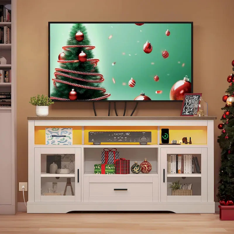 White LED Farmhouse Highboy TV Stand for TVs Up to 65" — 1 Person Assembly