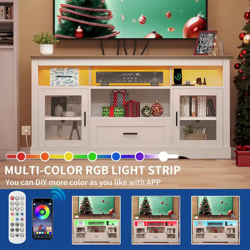 White LED Farmhouse Highboy TV Stand for TVs Up to 65" — 1 Person Assembly