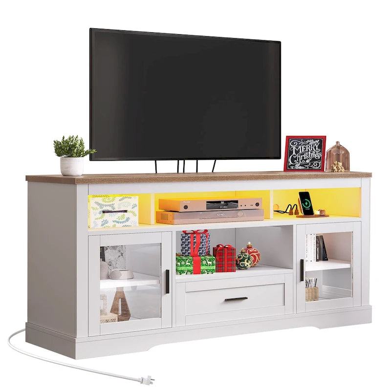White LED Farmhouse Highboy TV Stand for TVs Up to 65" — 1 Person Assembly