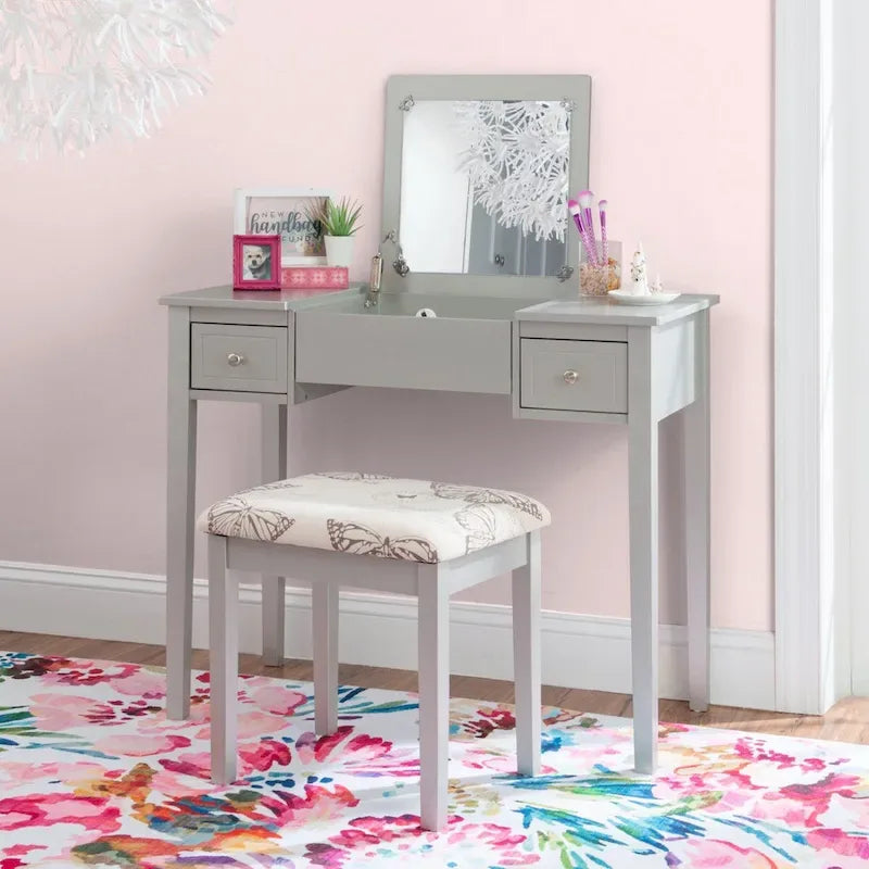 Silver Vanity Set with Flip Mirror & Upholstered Stool – 2-Piece