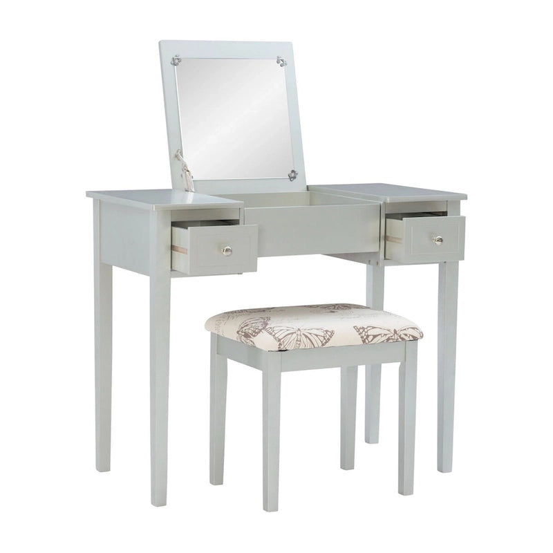 Silver Vanity Set with Flip Mirror & Upholstered Stool – 2-Piece