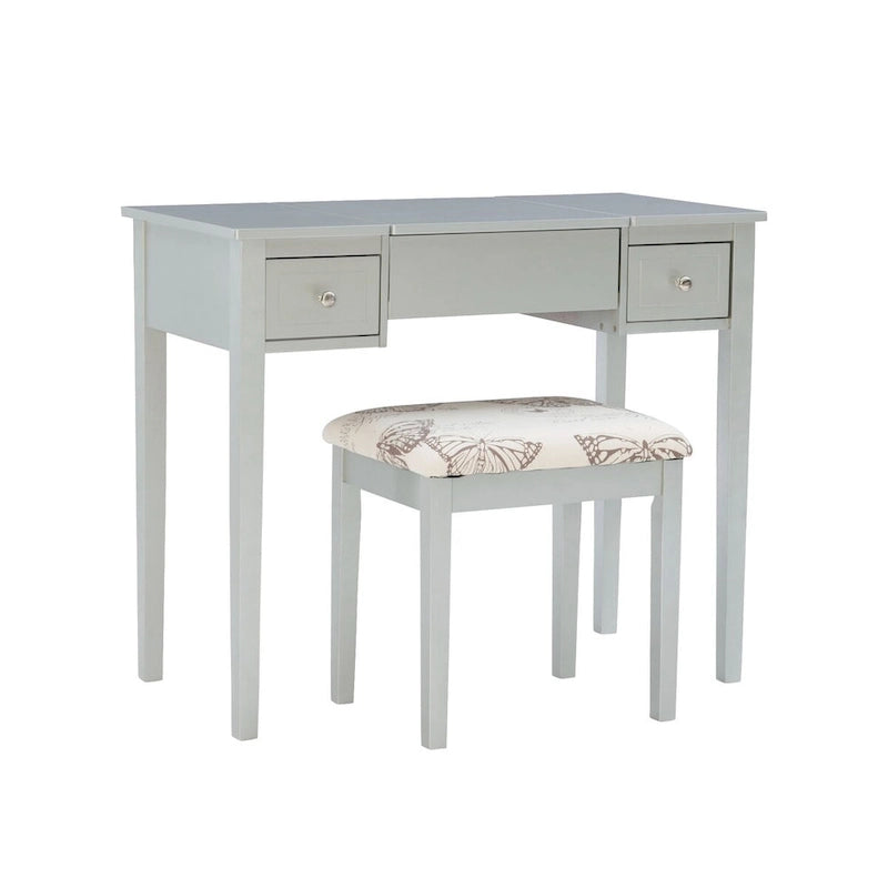 Silver Vanity Set with Flip Mirror & Upholstered Stool – 2-Piece