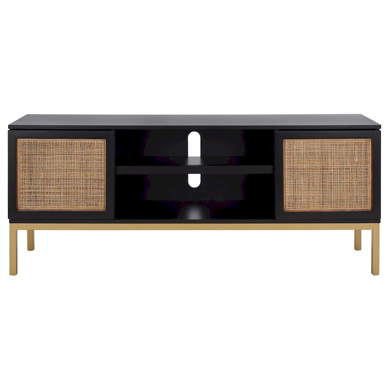 54" Rattan 2-Door Media Stand - Black / White / Walnut, Natural Accents