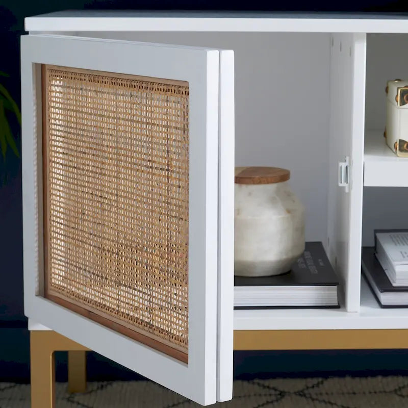 54" Rattan 2-Door Media Stand - Black / White / Walnut, Natural Accents