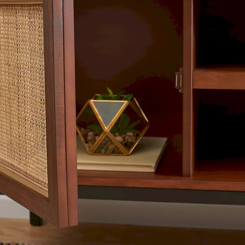 54" Rattan 2-Door Media Stand - Black / White / Walnut, Natural Accents