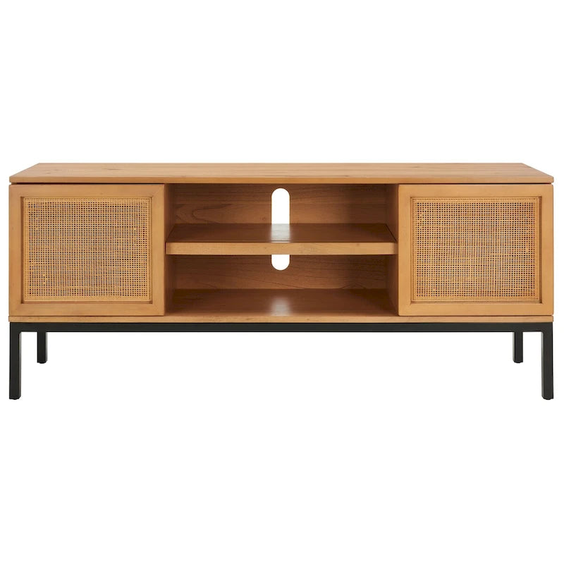 54" Rattan 2-Door Media Stand - Black / White / Walnut, Natural Accents
