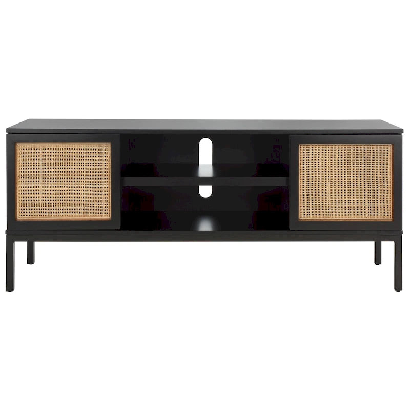 54" Rattan 2-Door Media Stand - Black / White / Walnut, Natural Accents
