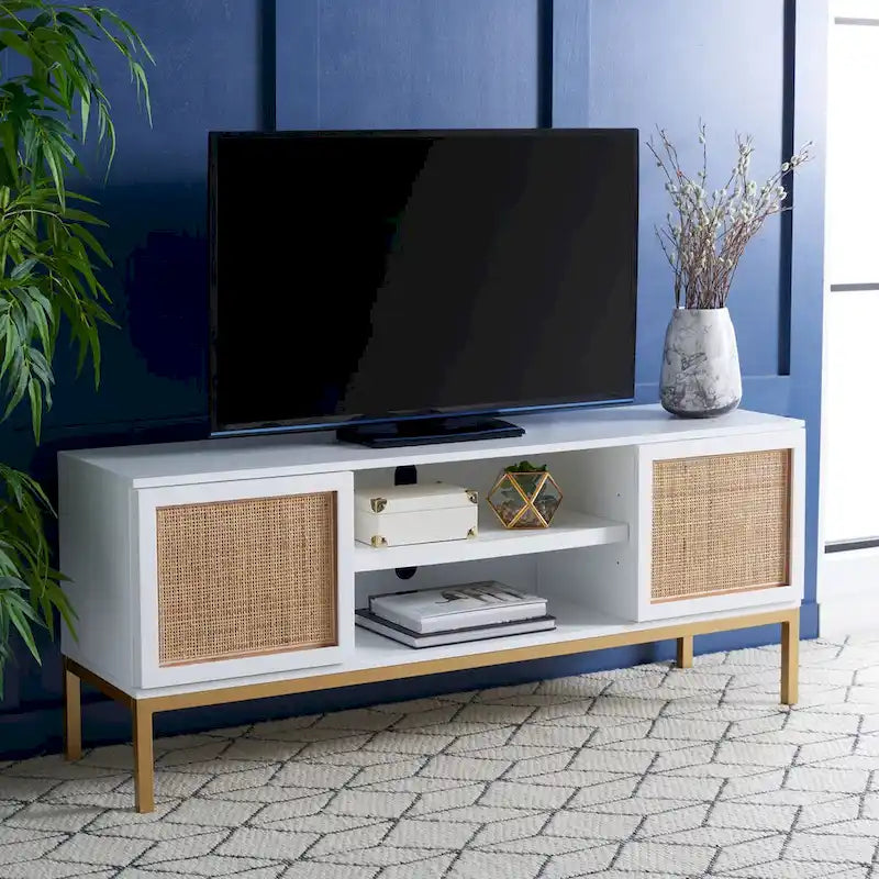 54" Rattan 2-Door Media Stand - Black / White / Walnut, Natural Accents