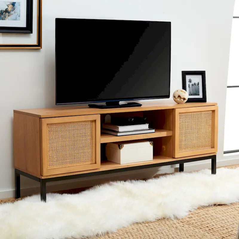 54" Rattan 2-Door Media Stand - Black / White / Walnut, Natural Accents