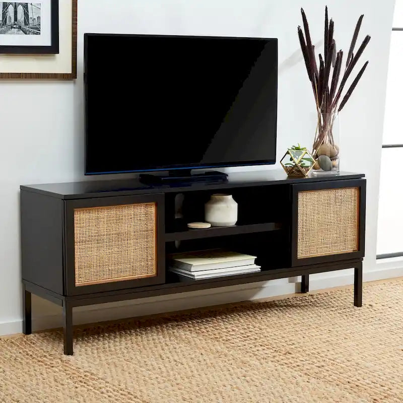 54" Rattan 2-Door Media Stand - Black / White / Walnut, Natural Accents