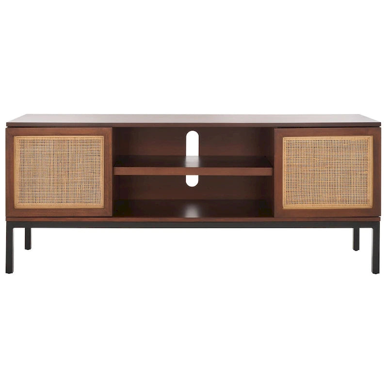 54" Rattan 2-Door Media Stand - Black / White / Walnut, Natural Accents