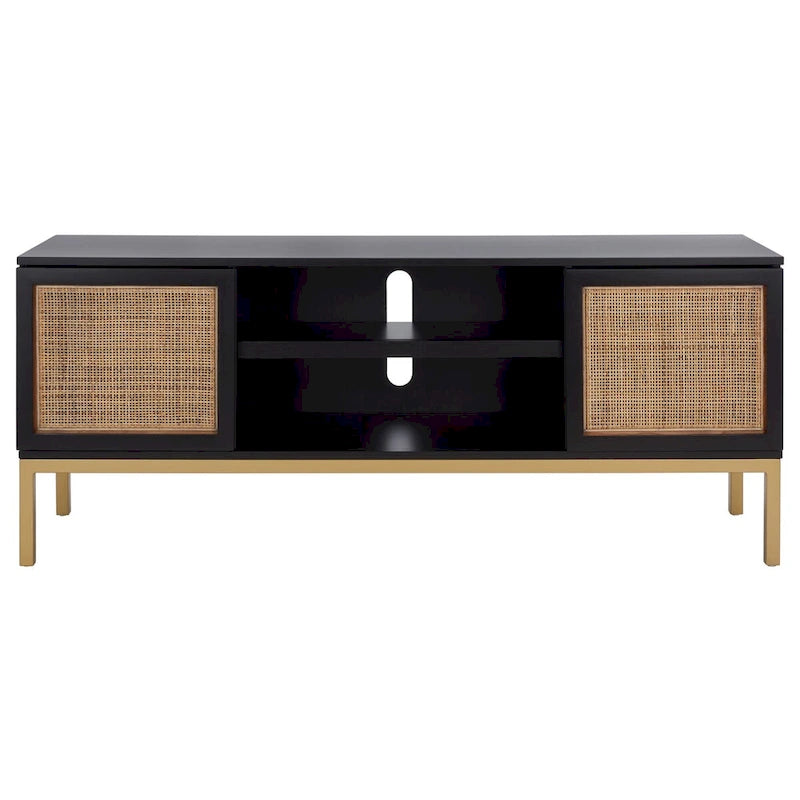 54" Rattan 2-Door Media Stand - Black / White / Walnut, Natural Accents