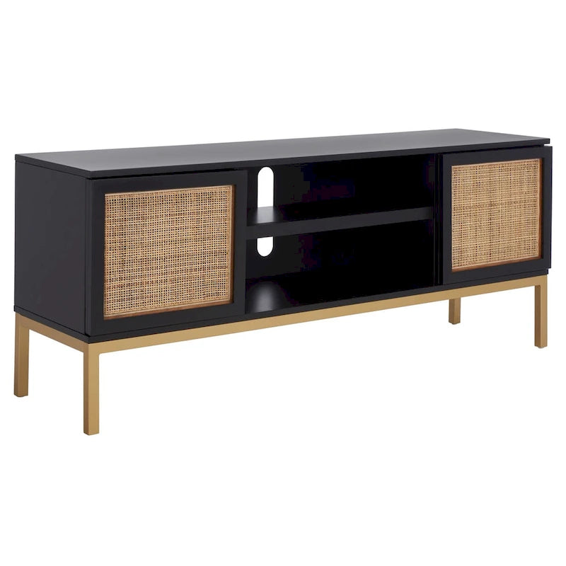 54" Rattan 2-Door Media Stand - Black / White / Walnut, Natural Accents