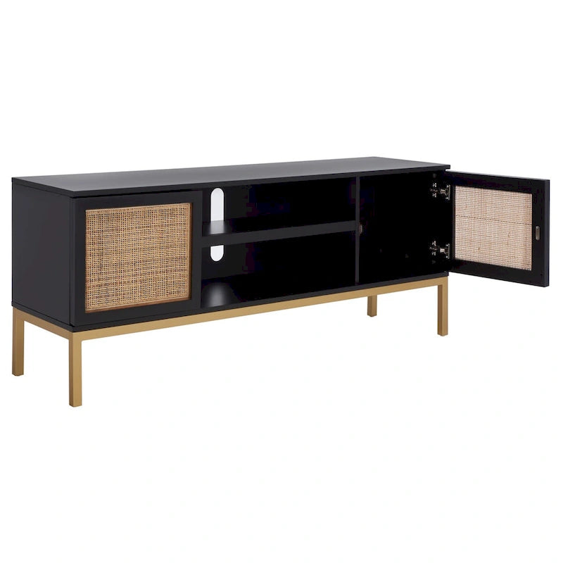 54" Rattan 2-Door Media Stand - Black / White / Walnut, Natural Accents