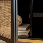 54" Rattan 2-Door Media Stand - Black / White / Walnut, Natural Accents