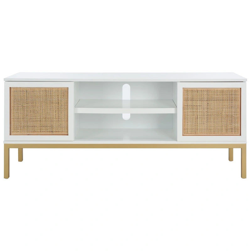 54" Rattan 2-Door Media Stand - Black / White / Walnut, Natural Accents