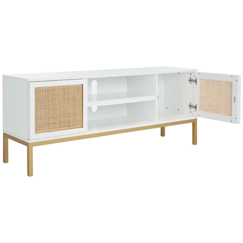54" Rattan 2-Door Media Stand - Black / White / Walnut, Natural Accents
