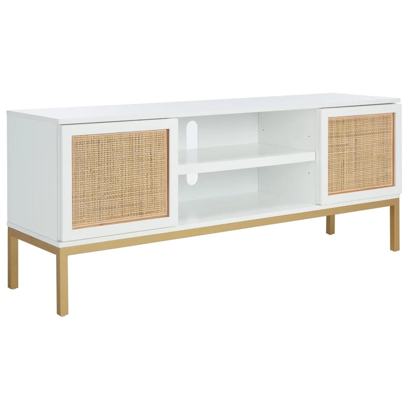 54" Rattan 2-Door Media Stand - Black / White / Walnut, Natural Accents